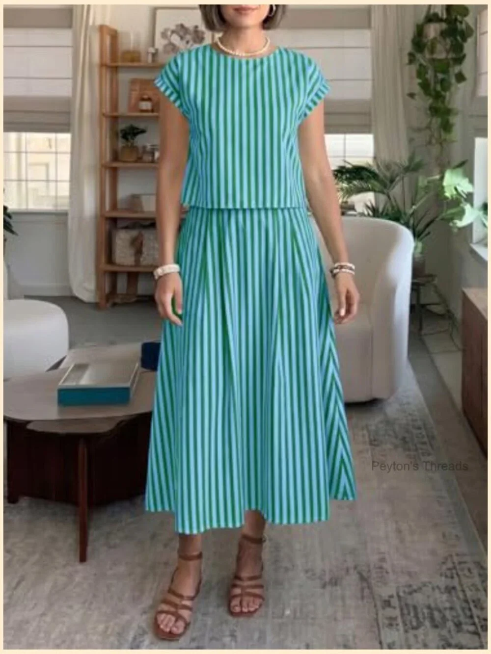Striped 2 Piece Skirt Set Cap Sleeve Top Midi Dress Travel Vacation Outfits